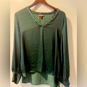 Vince Camino Forest Green Blouse with Studded V-Neck
